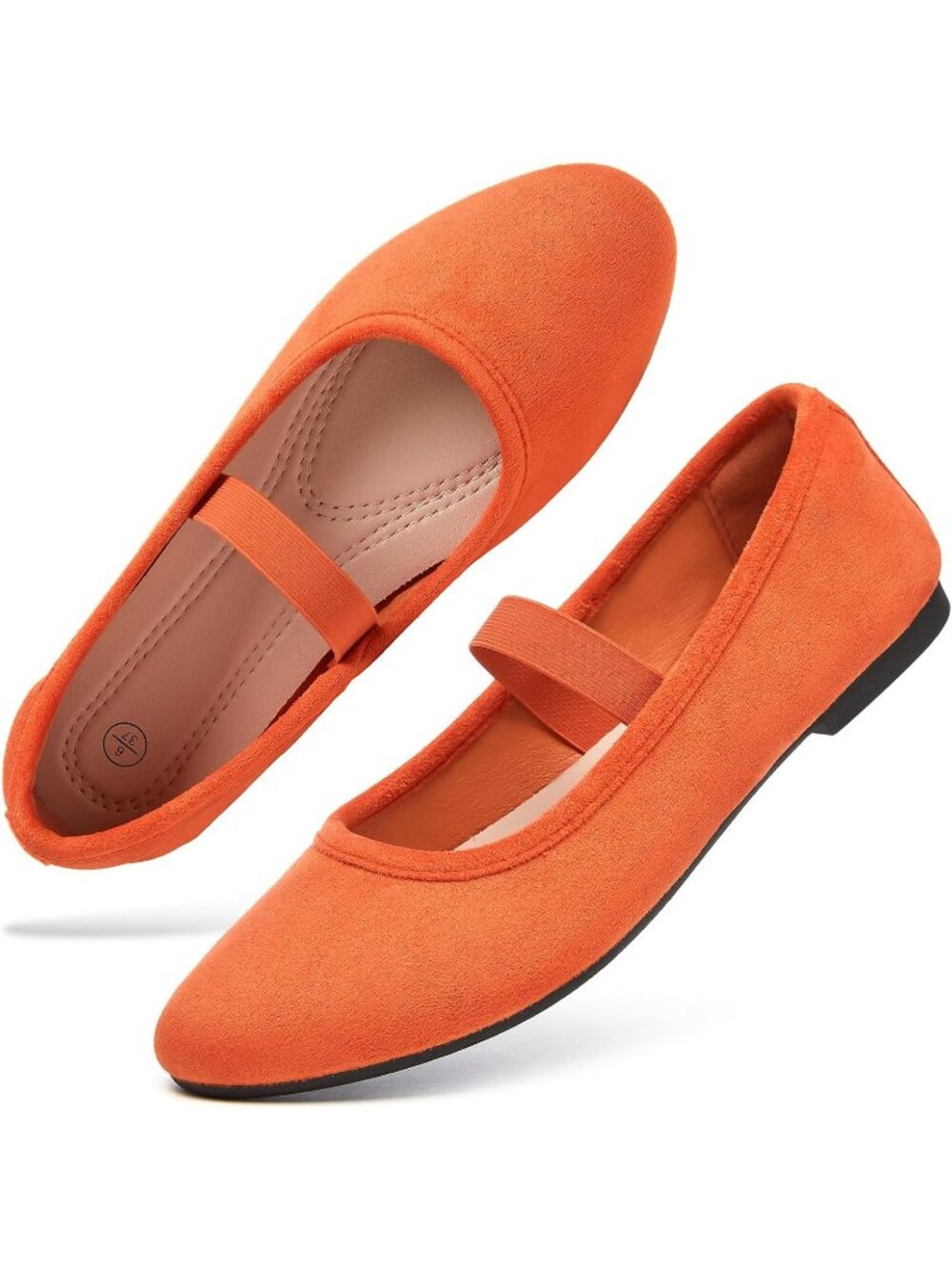 Women's Orange Suede Mary Janes Flats Memory Foam Elastic Strap Dressy Shoes